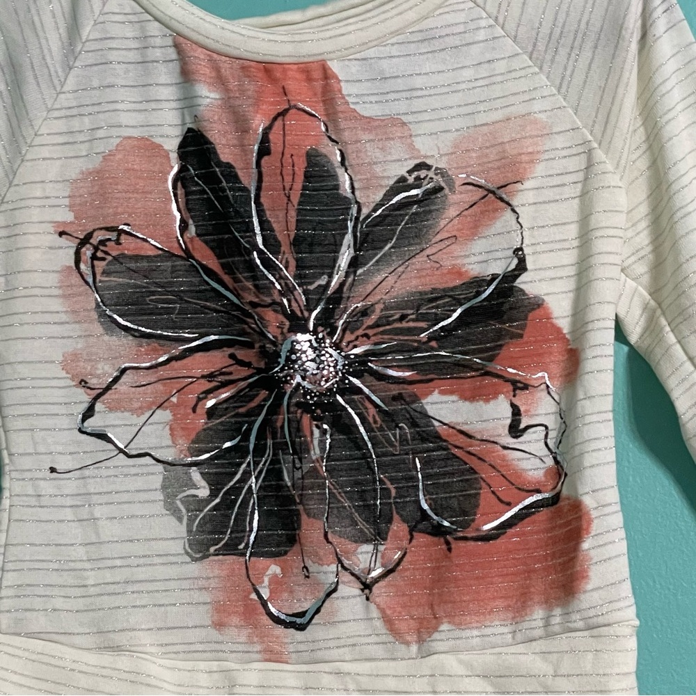 Charlotte Russe top NWT sizeS cream and silver stripe w/flower motif long sleeve - Picture 2 of 9